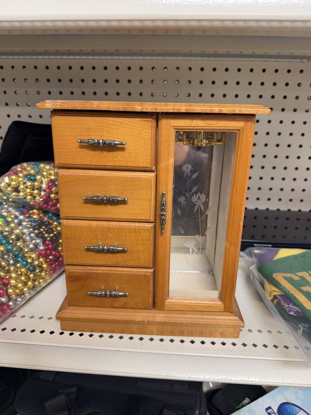 Vintage Wooden Jewelry Armoire with Etched Glass Door and Drawers